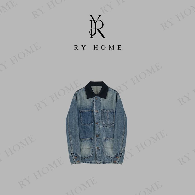 【容雨RYHOME】复古拼色翻领宽松工装牛仔外套253W2330