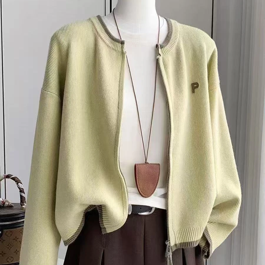 3310大码女装新款胖mm双拉链针织开衫女秋冬P字母刺绣毛衣外套