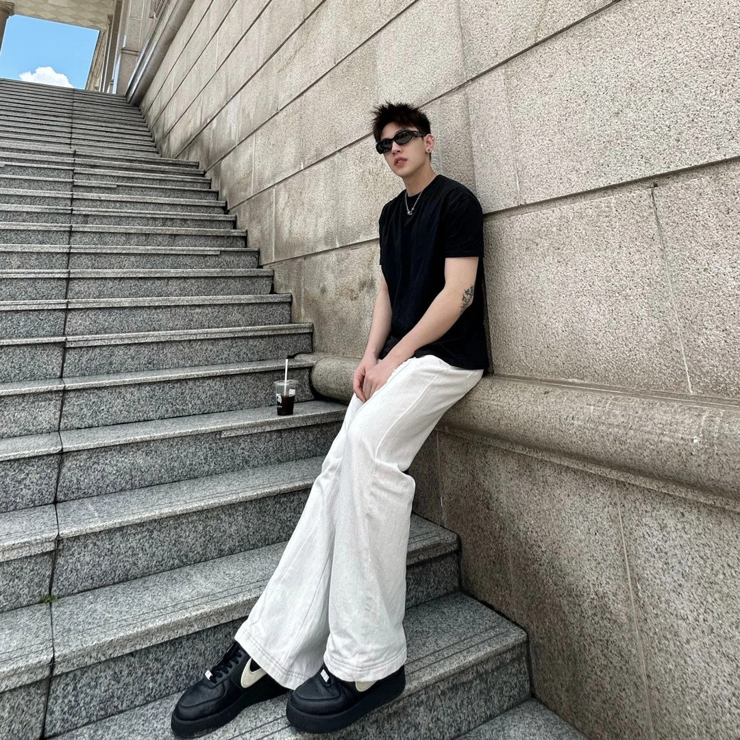 IFZT美式复古亚麻白直筒牛仔裤男女修身裁剪宽松显瘦立体休闲长裤