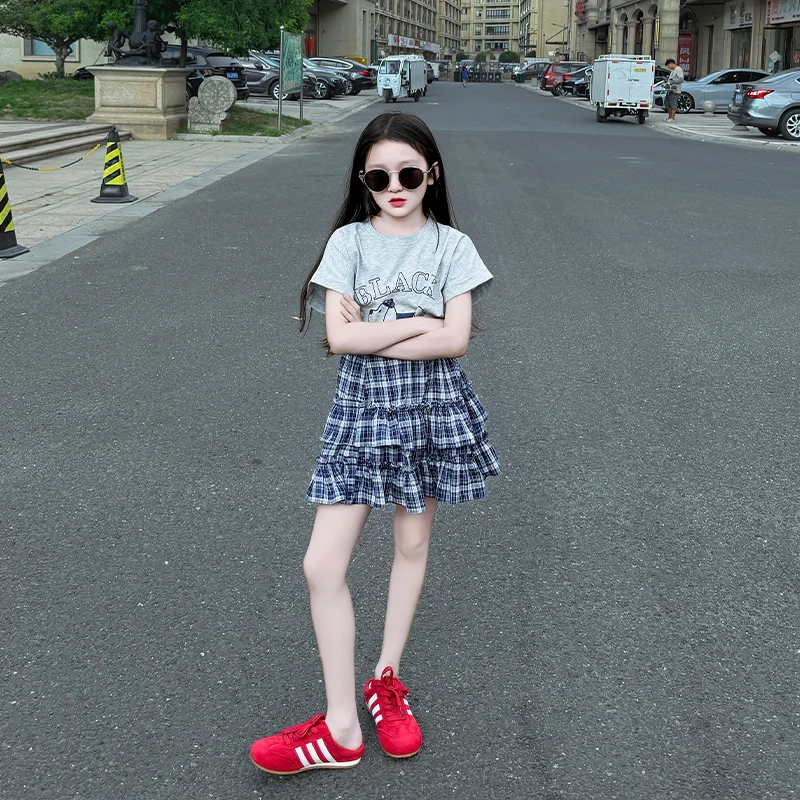 女童装2025夏新款儿童韩系卡通短袖T恤女童格子蛋糕半身裙套装潮