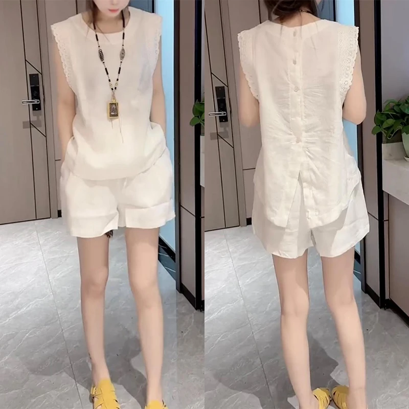 夏季新款薄款蕾丝亚麻套装宽松显瘦开叉洋气透气半包袖短裤两件套