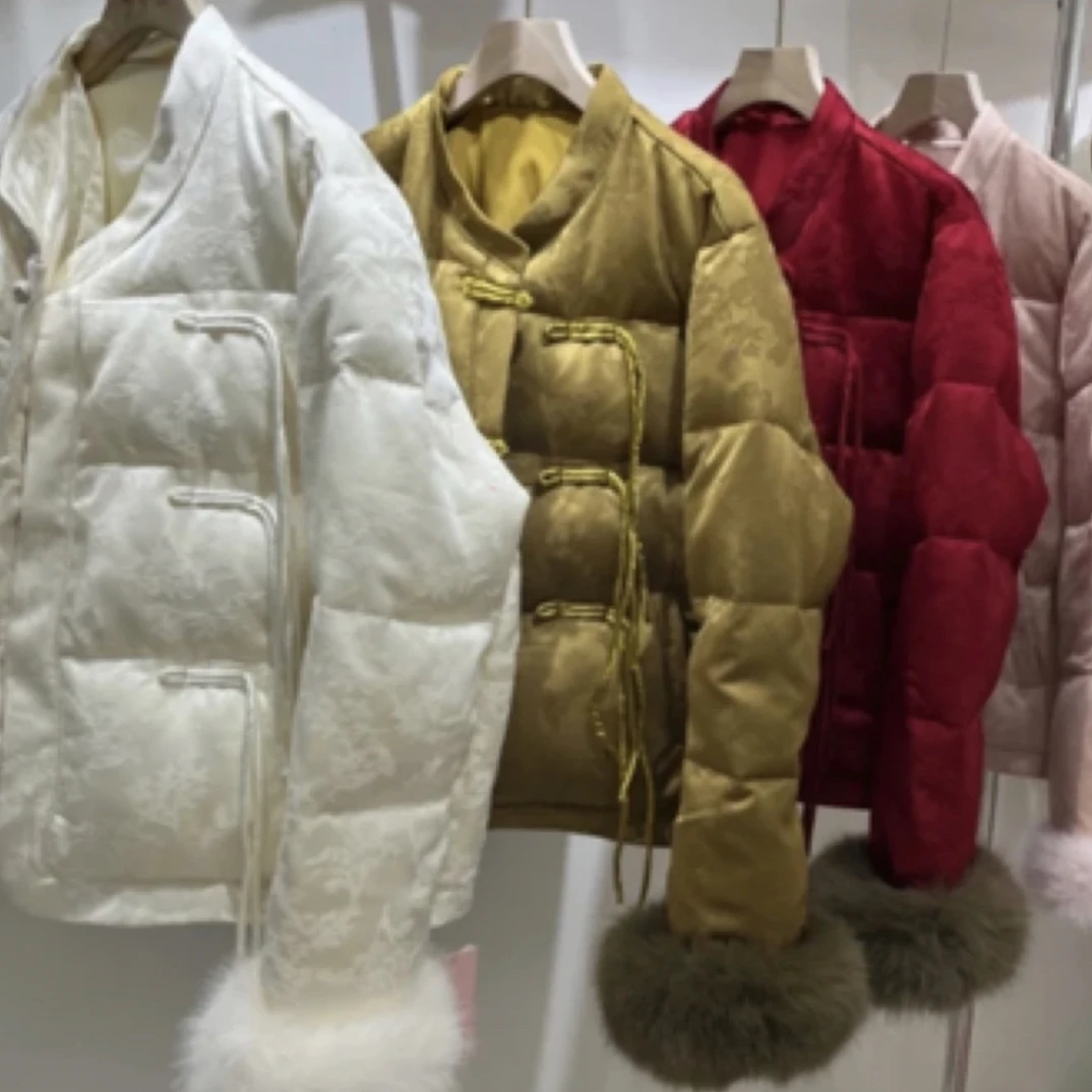 新中式国风大码毛毛袖盘扣提花保暖显瘦棉服外套女冬季