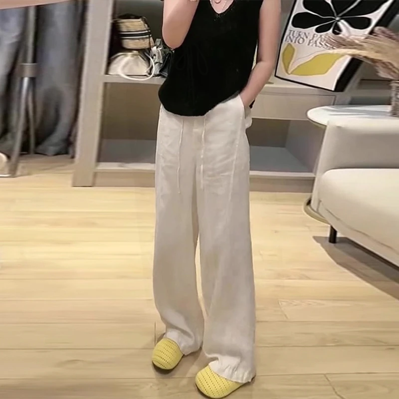 白色亚麻休闲裤女夏薄款新款时大码女裤衣服高腰显瘦直筒阔腿裤
