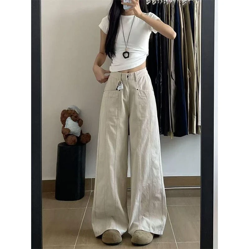 米杏色美式复古直筒休闲工装牛仔裤女新款高腰宽松垂感阔腿长裤子