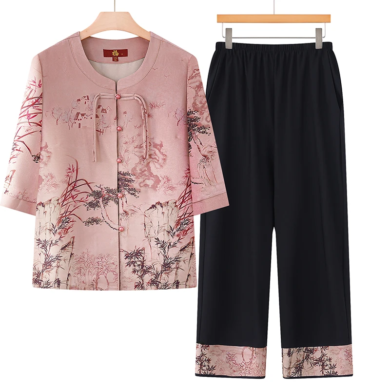 洋气国风中老年妈妈装套装女款中式夏季宽松老奶奶装七分袖两件套