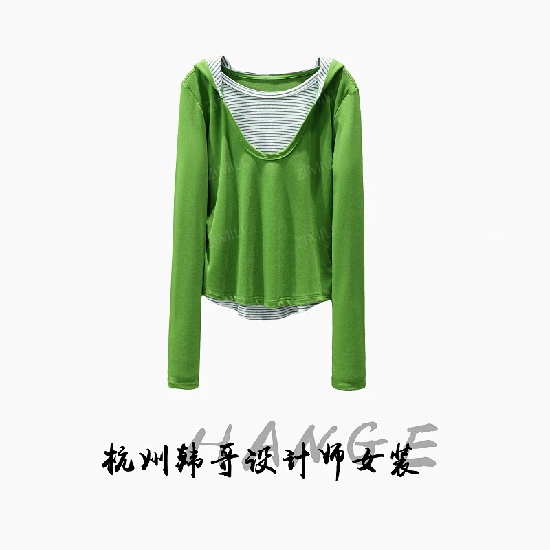 【韩哥女装】2025秋冬《碧竹》草绿色撞色条纹假两件连帽上衣5953-E8
