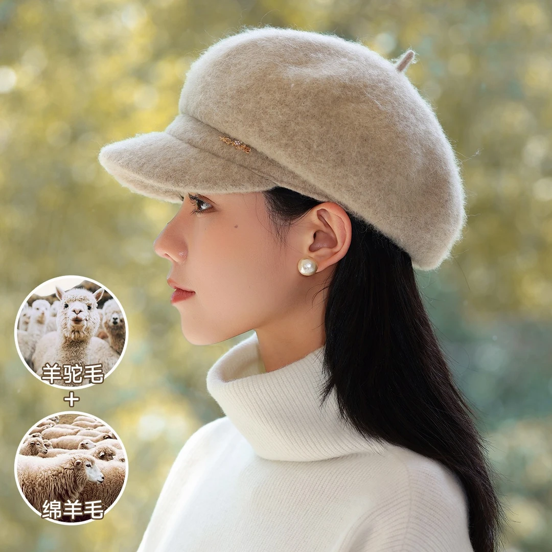【进口羊驼毛】八角帽子女款2025网红款秋冬洋气贝雷帽显脸小画家帽