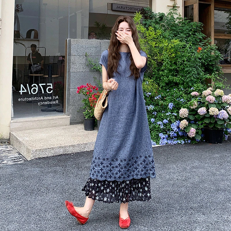 日系文艺范优雅套装裙女夏季2025夏季绣花连衣裙A字半身裙两件套