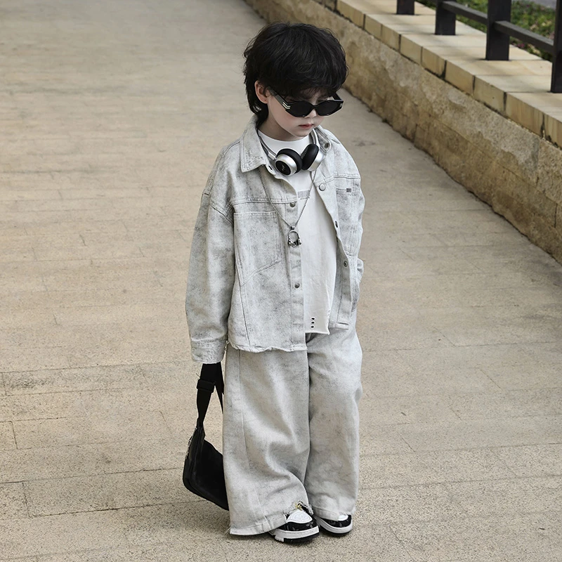 【现货】Jimmy妈童装 脏脏套装 春季新款儿童白灰脏脏风设计感牛仔