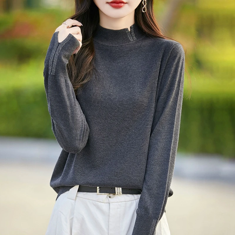 25年秋冬新款精纺羊毛半圆领针织衫镶钻纯色套头打底衫女