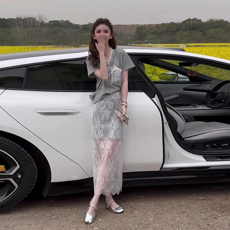 【下单发货模特原版】韩系穿搭夏季新款短袖恤蕾丝半身裙两件套