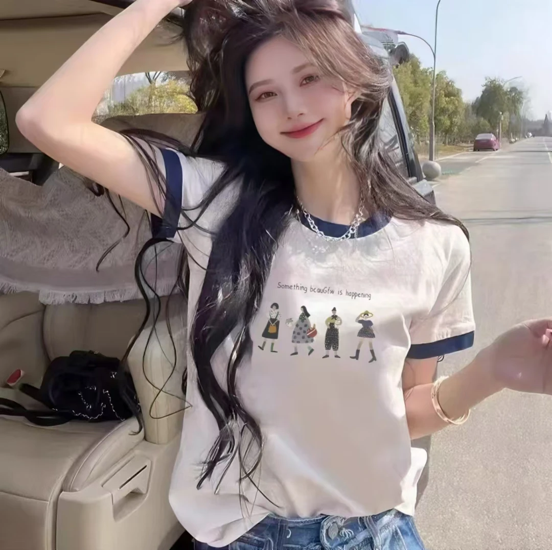 撞色纯棉印花舒适百搭T恤基础时尚纯色轻奢圆领休闲小众韩版