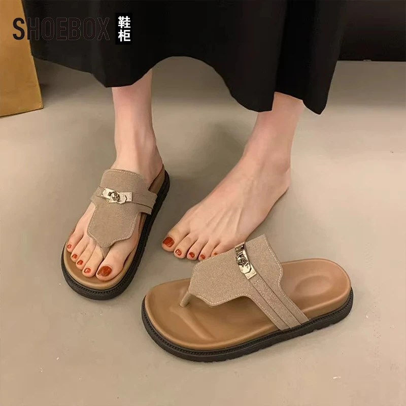 SHOEBOX鞋柜勃肯人字拖女夏2025新款高级感厚底夹趾沙滩凉拖鞋