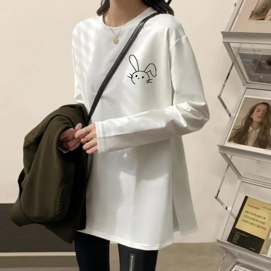 6605春季新款中长款打底衫长袖T恤女宽松上衣磨毛婴儿绒