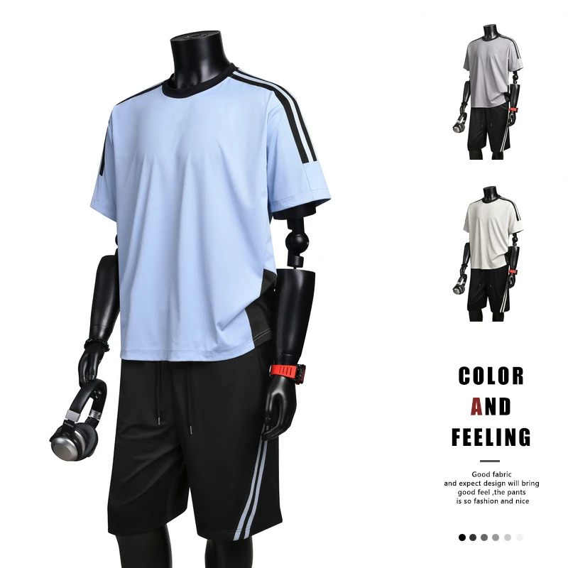 夏季休闲运动圆领短袖短裤两件套装男士舒适百搭潮流时尚宽松套装