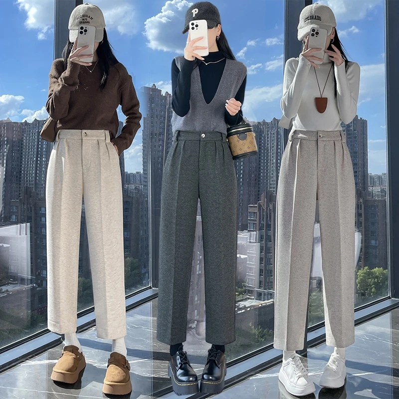 【熙芸小个子专属】人字纹小脚烟管裤女秋款高腰八分九分毛呢哈伦裤