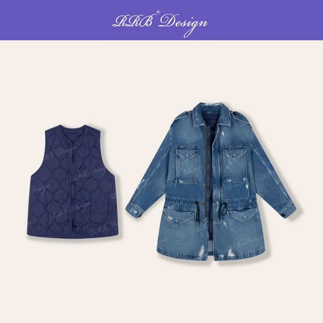 RRB Design 复古洗水棉磨破工艺可拆卸夹棉抽绳牛仔夹克外套