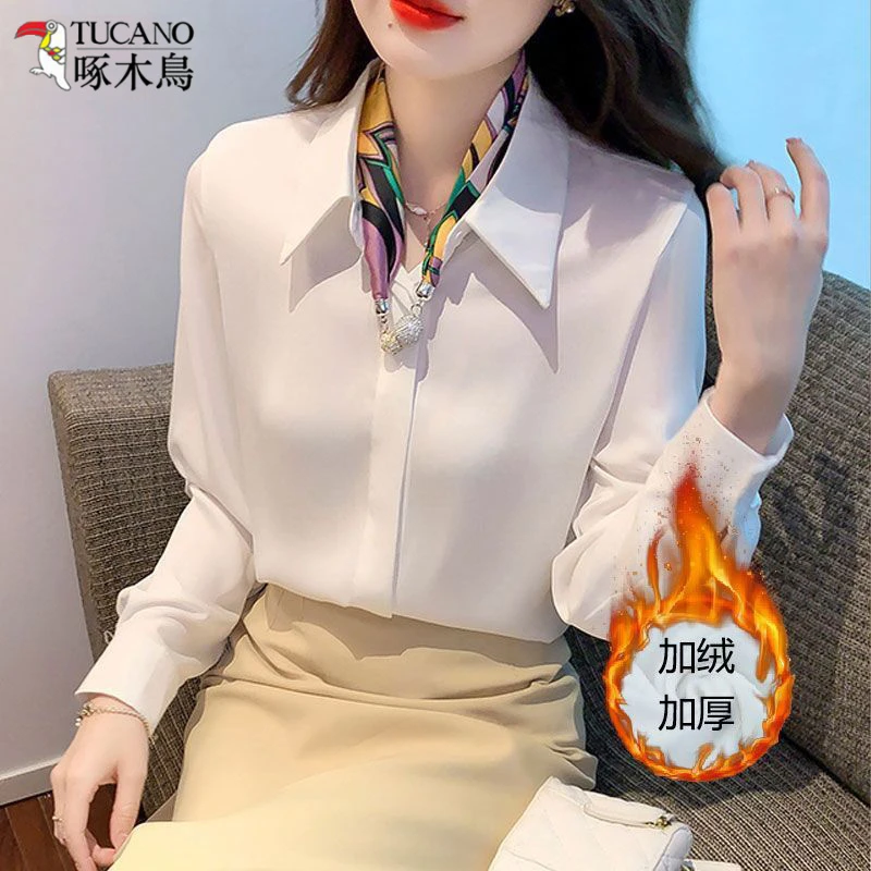 TUCANO/啄木鳥秋冬加绒白衬衫女缎面长袖职业装通勤百搭宽松上衣