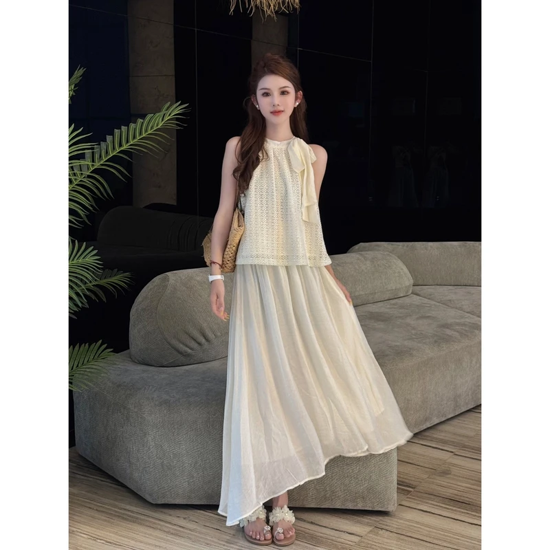 (月下山茶花)夏季时尚显瘦简约挂脖无袖背心+高腰半身裙两件套