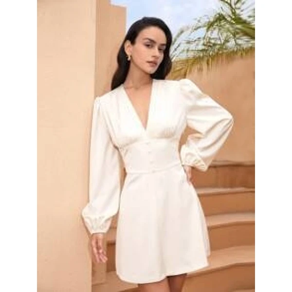 S4EL002杏色V领收腰短款连衣裙