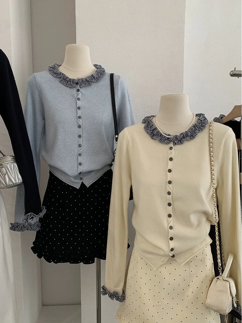 超值！！！重工格子木耳圆领上衣