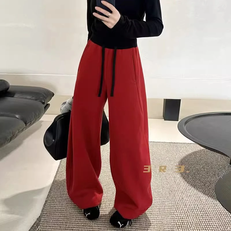 加绒加厚高级感撞色抽绳弯刀阔腿裤宽松显瘦遮肉百搭长裤