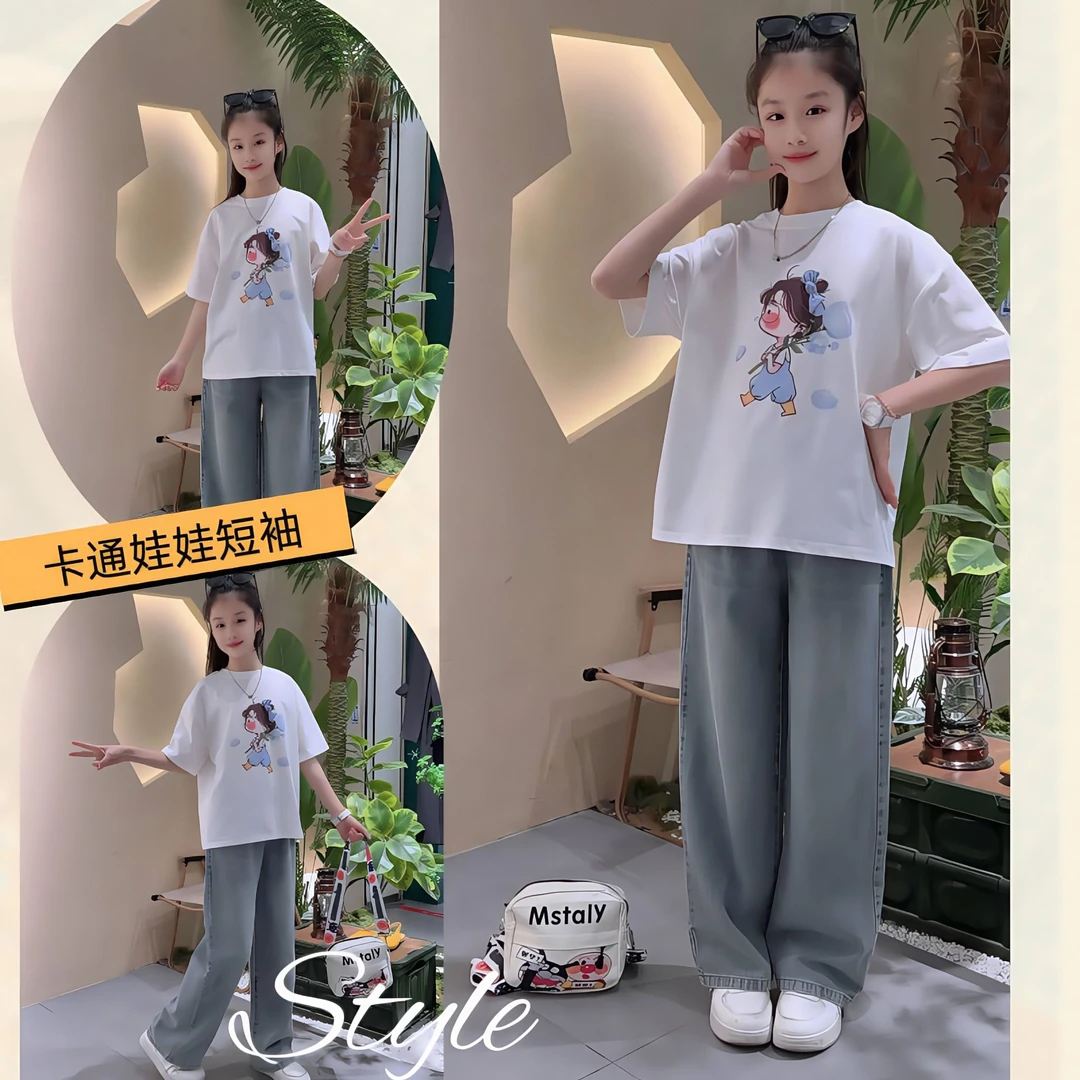 女童夏季新款短袖阔腿牛仔裤套装中大童6-12岁2025时尚洋气潮款