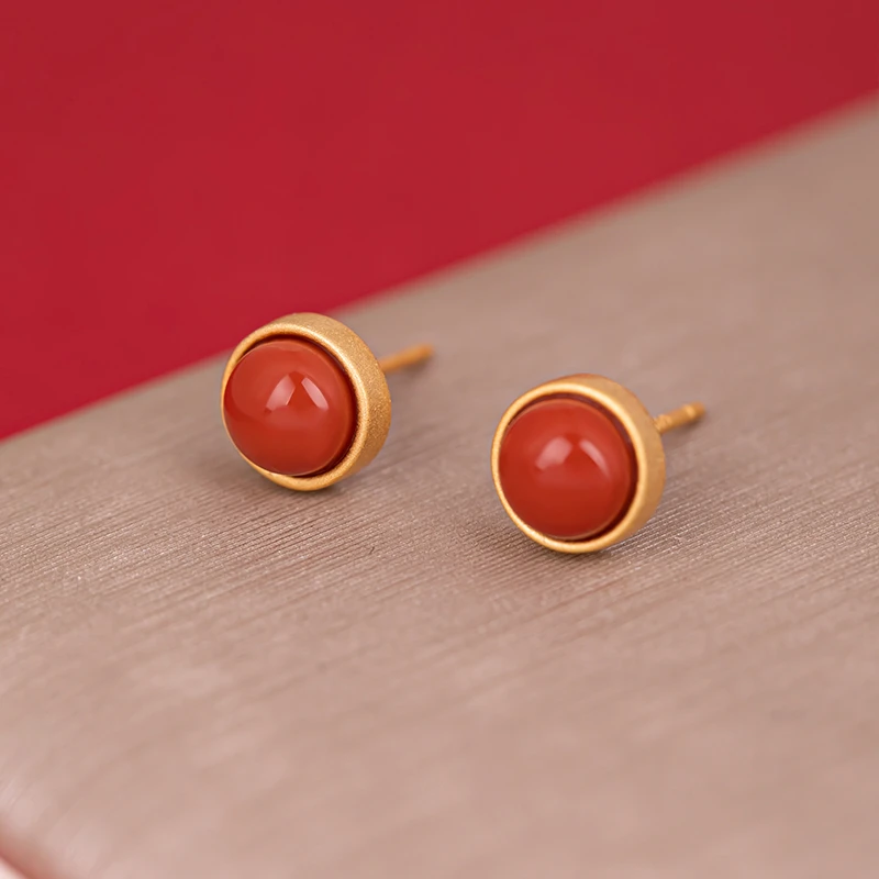 小银匠耳钉女925银红色耳饰古风中式玉石玛瑙耳环生日礼物送妈妈