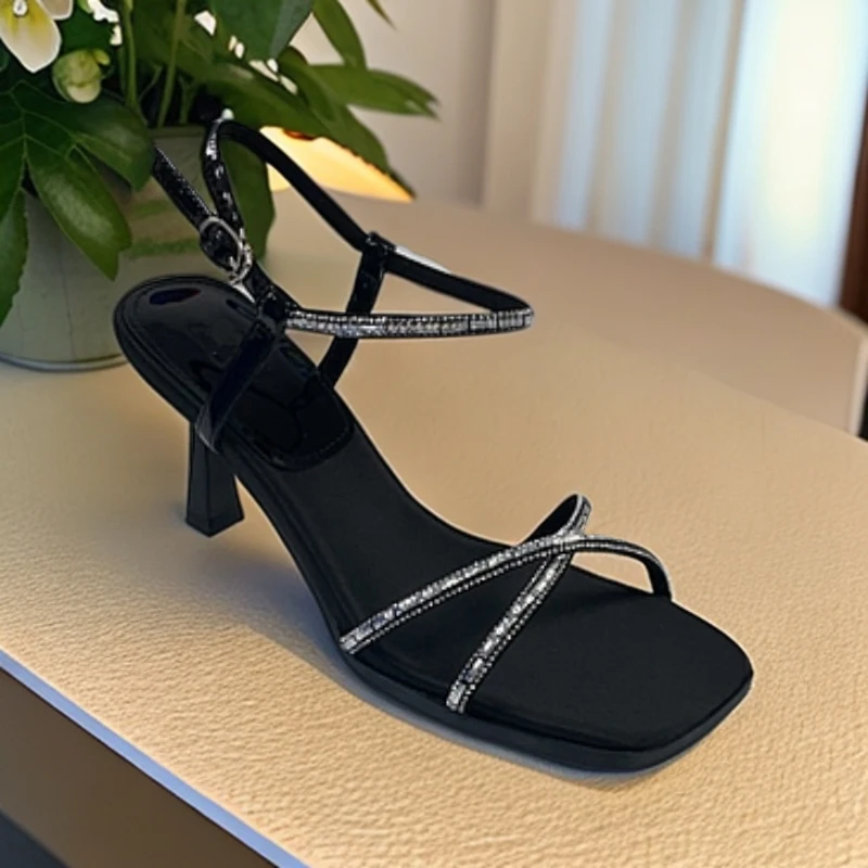 D6-9/2106-5一字带凉鞋高跟鞋交叉小众方头气质