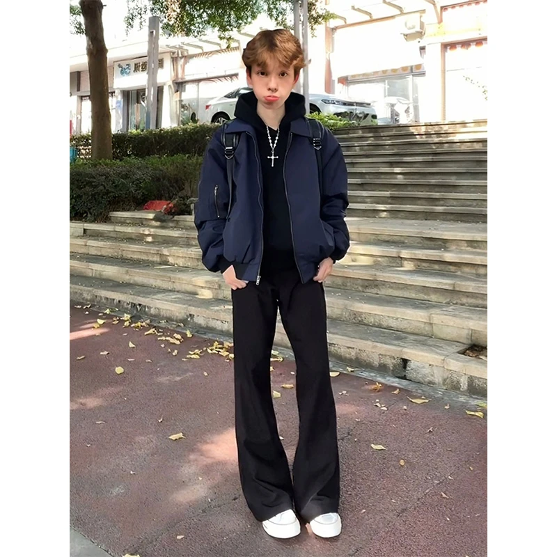 黑色微喇西裤男女款垂坠高级感弯刀裤子显腿长美式直筒阔腿西装裤
