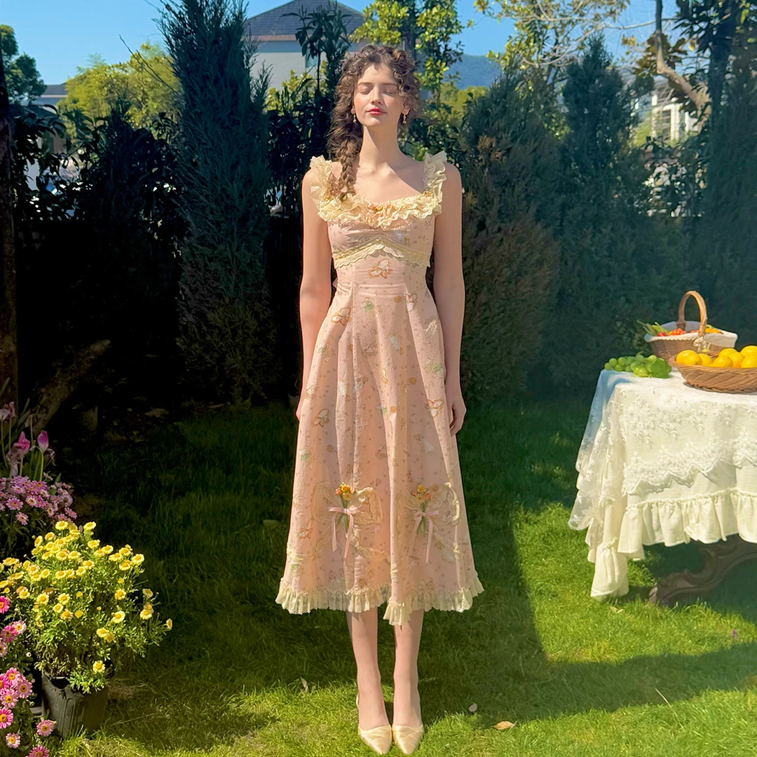 LaceMade 雏菊风筝 长款法式复古田园油画小人长款鱼骨蕾丝连衣裙