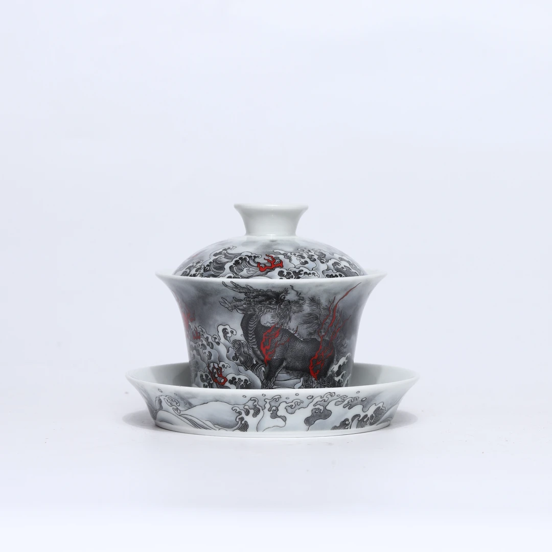 【非遗茶空间】景德镇产 墨彩麒麟马蹄盖碗 中式茶具茶器