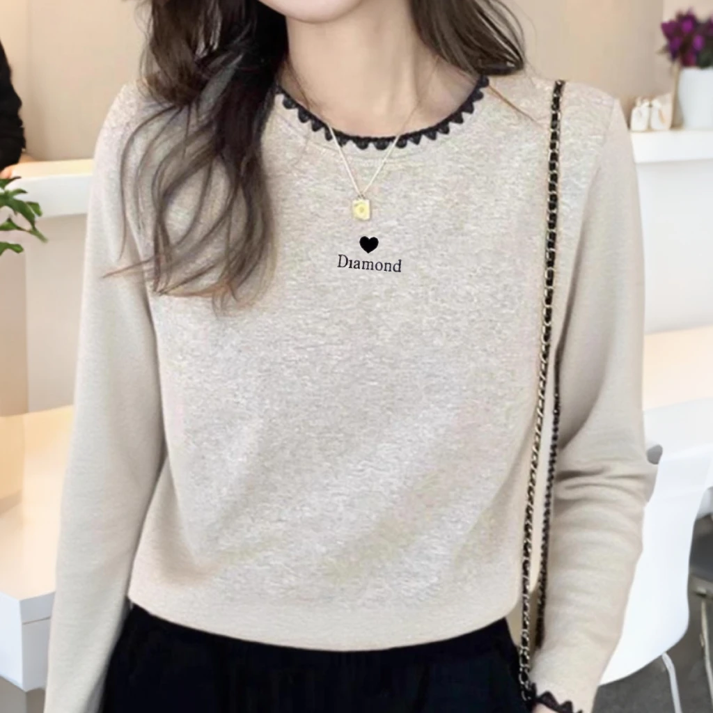 高质量弹力棉圆领小众设计感撞色2025新款秋季长袖T恤女修身上衣