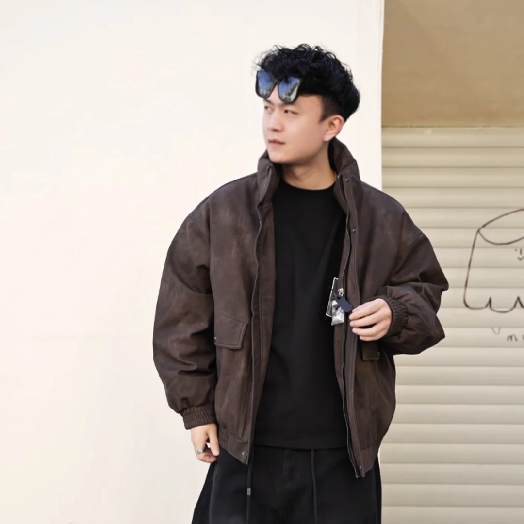 90白鸭绒免洗美式工装宽松立领皮羽绒服S100544179101时尚潮流