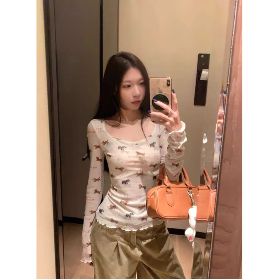 美式辣妹小狗印花长袖T恤女2025早秋设计感修身显瘦别致上衣
