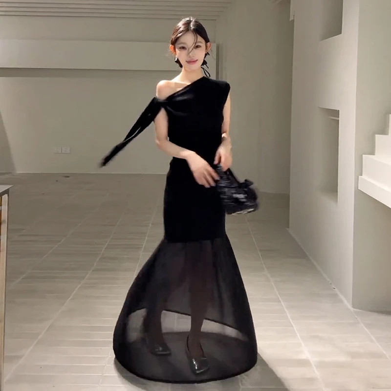 法式绝美气质露肩系带上衣包臀纱裙女装2025夏季新款性感显瘦套装