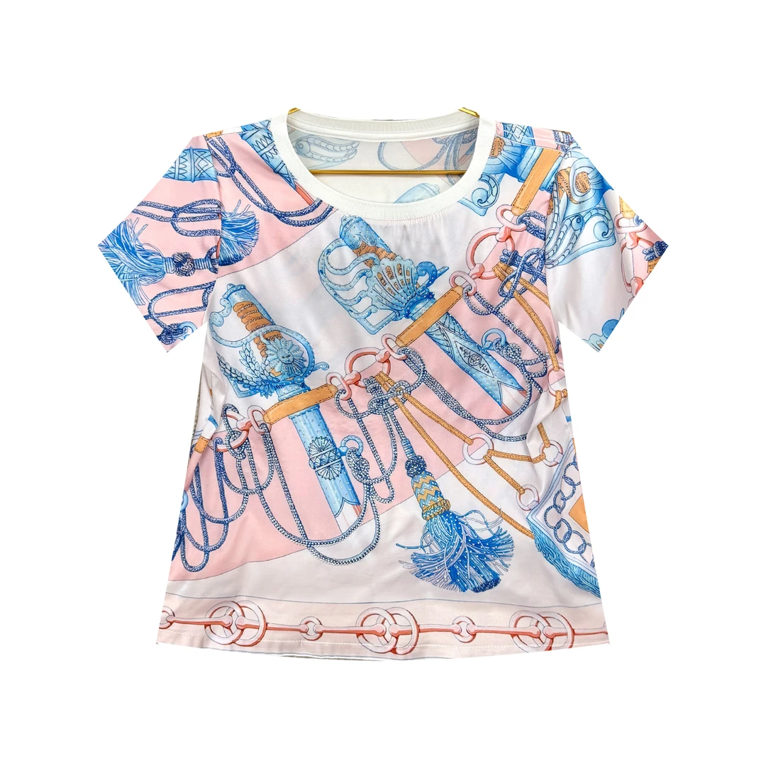 【龙哥高奢】‘’宝剑阵列 烫钻印花桑蚕丝上衣欧货轻奢闪钻T恤女夏季