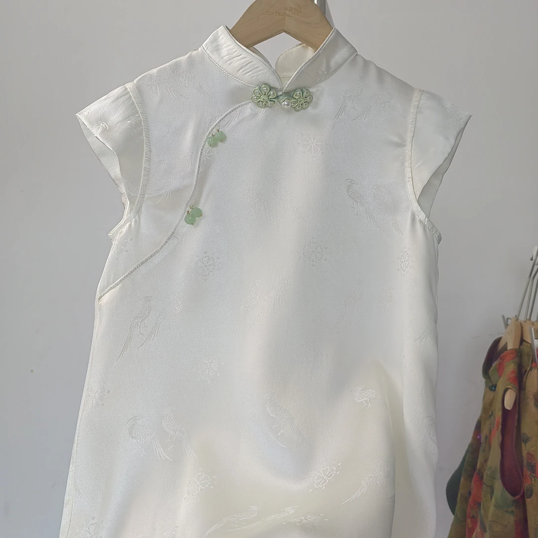 卓苗儿童真丝连衣裙女童桑蚕丝正娟旗袍国风裙子白色复古旗袍裙