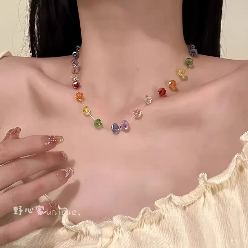 合金项链 夏日多巴胺彩色水晶串珠项链女海边度假锁骨颈链气质