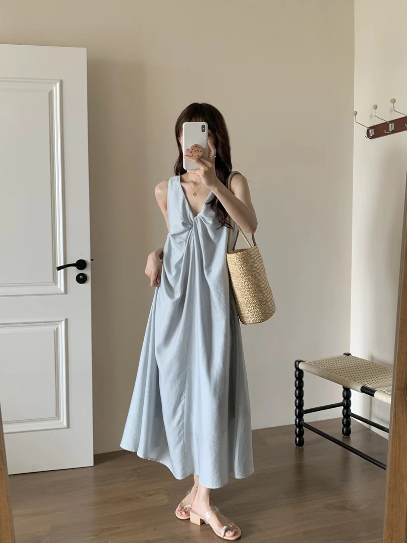 @618【带口袋腰绳】十三行扭结套头背心裙女夏季宽松法式度假连衣裙
