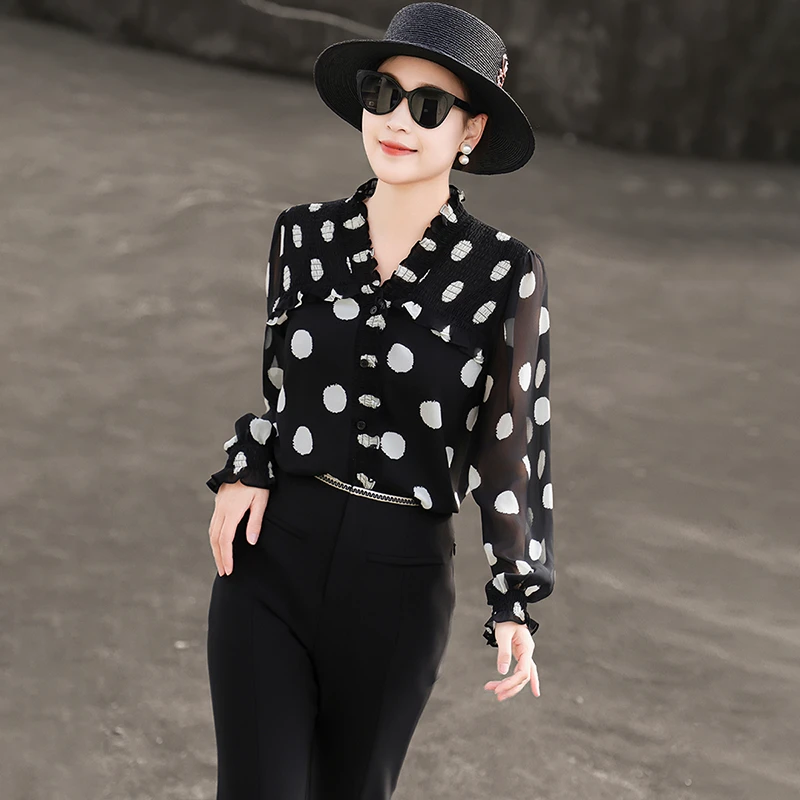 MEXCOCO/兰瑟儿秋季新款气质法式波点木耳边褶皱衬衫女105CD9341