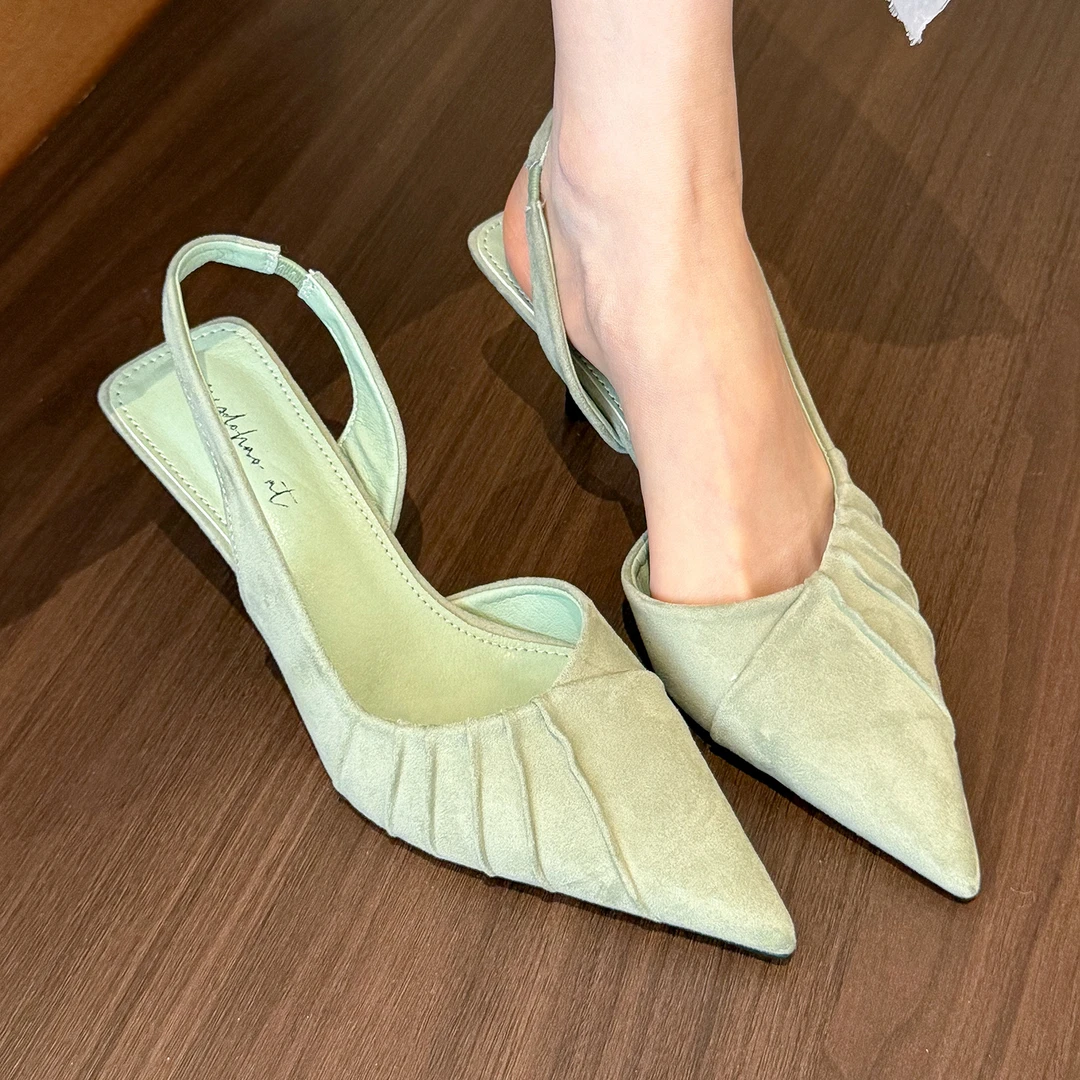 elingstudio 温柔春天！仙草绿绒面尖头高跟鞋女春夏包头浅口凉鞋