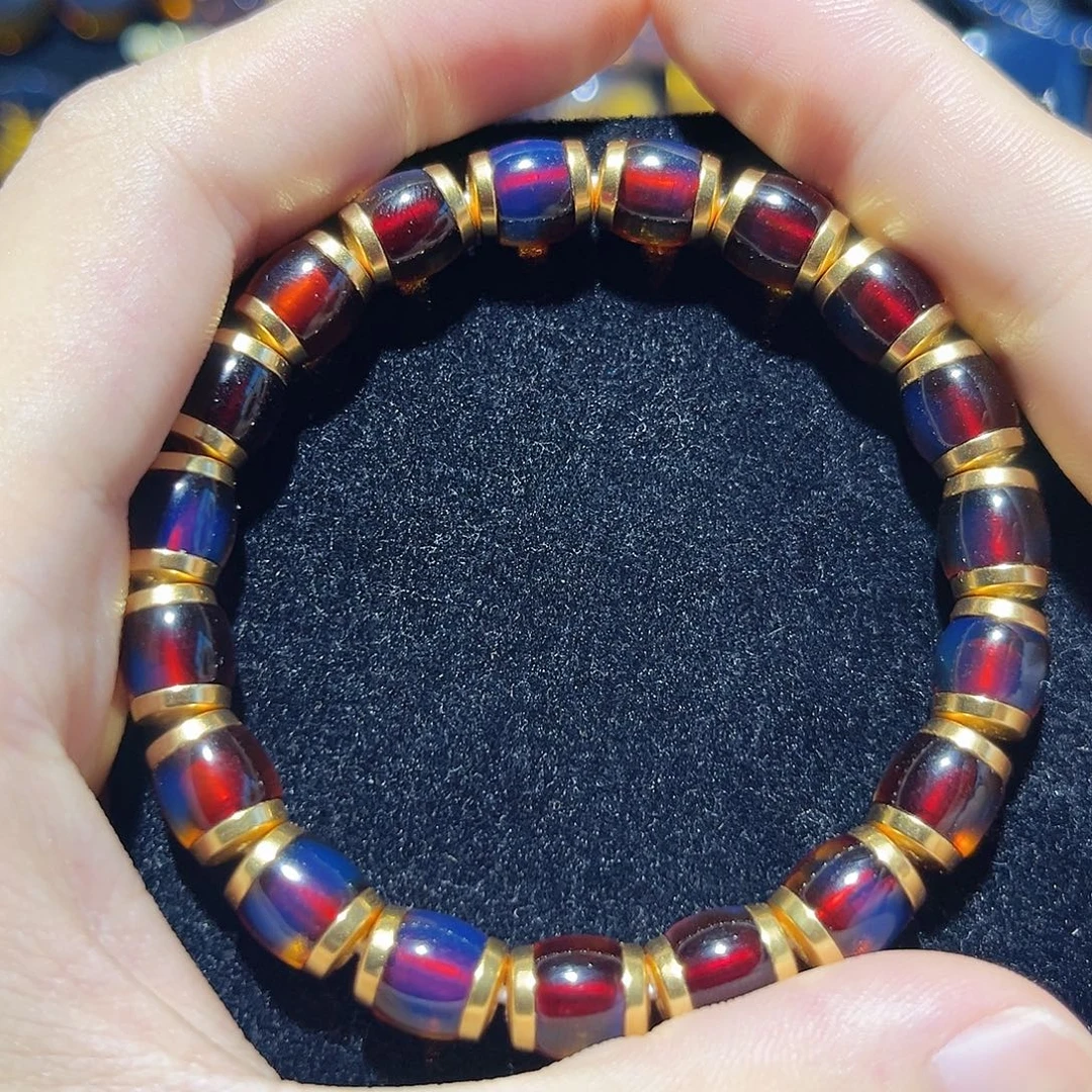 蓝珀银S925镀金镶嵌珠宝奇石8mm墨西哥红蓝珀