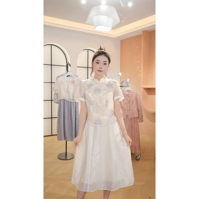 L8721 2025年春夏新款时尚洋气中式收腰修身显瘦中长款连衣裙