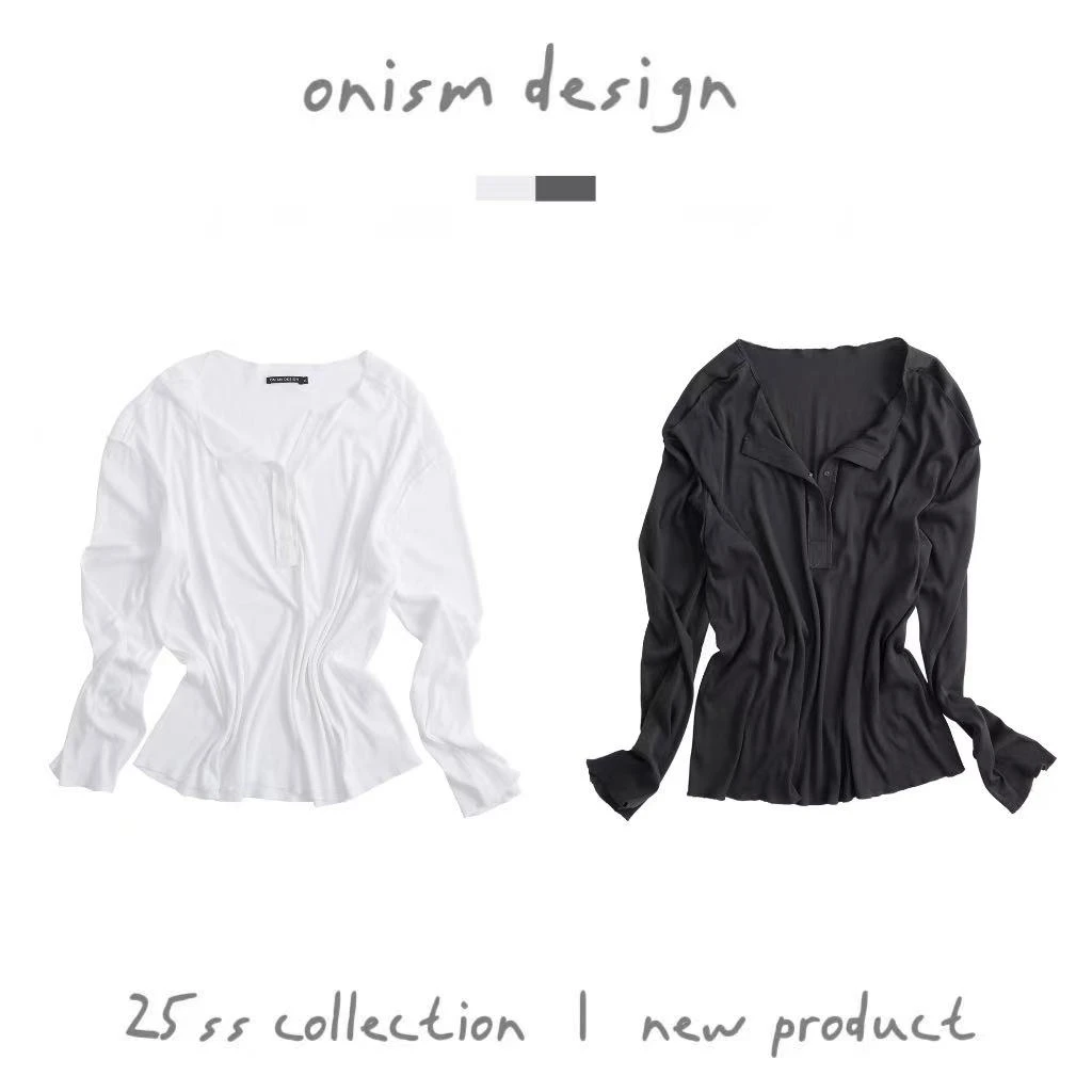 “不期而至”慵懒性张力高级亨利领设计长袖t恤纯色薄款防晒上衣