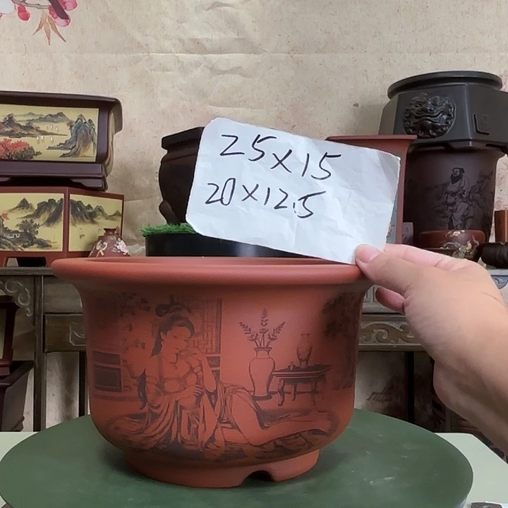 紫砂花盆刻绘国色天香