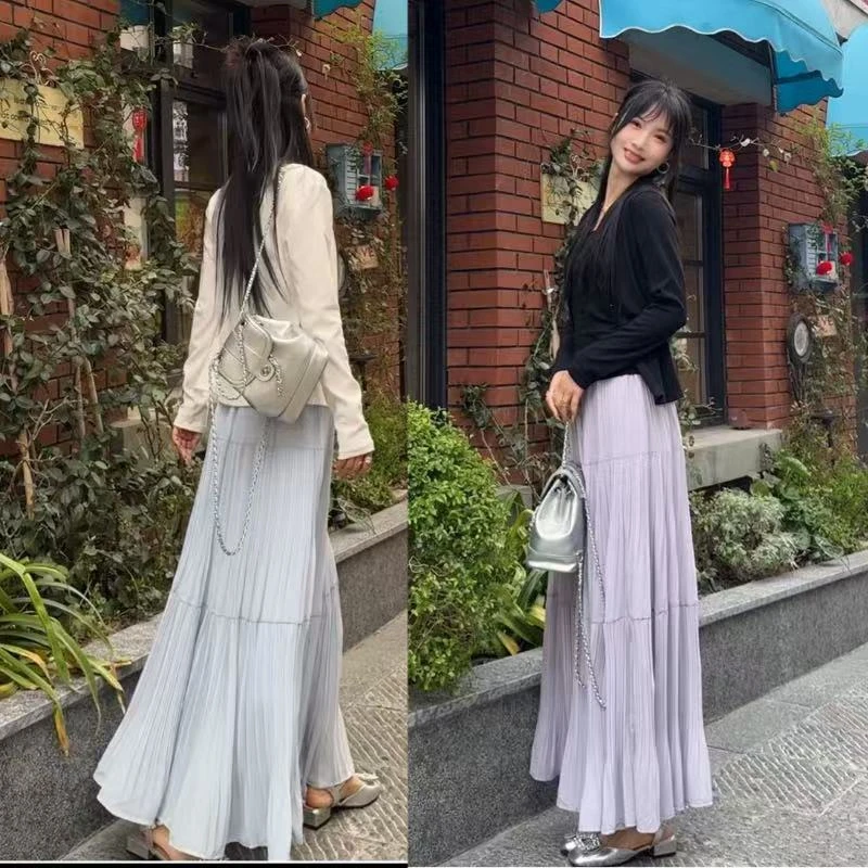 大妍定制~【雨雾紫藤】压褶半身裙飘逸大摆a字遮胯网纱长裙