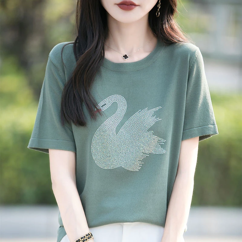哥弟阿玛施正品女装夏季3D烫钻短袖宽松圆领T恤纯棉半袖时尚上衣