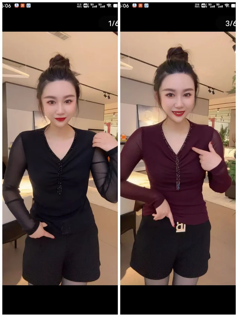 爆款纱网V领洋气打底衫