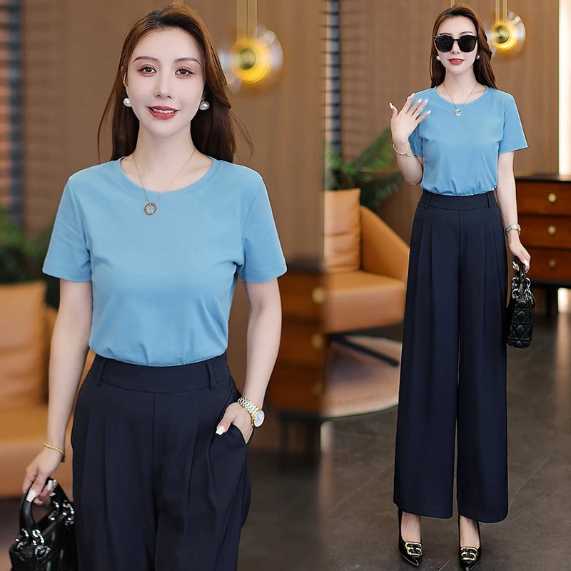 INS休闲风时尚套装女2025夏季新款纯色短袖T恤高腰阔腿裤两件套潮